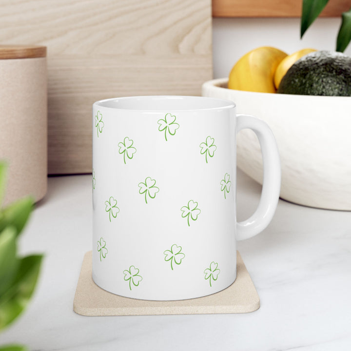 White Lucky Clover 11oz Ceramic Mug, St Patricks Day